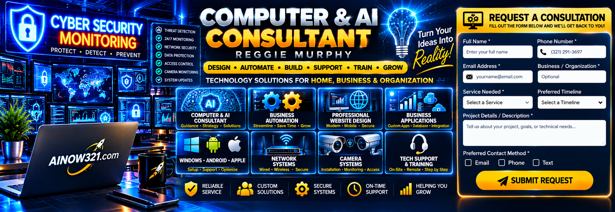 Computer and AI Consultant services, cybersecurity monitoring and consultation request illustration