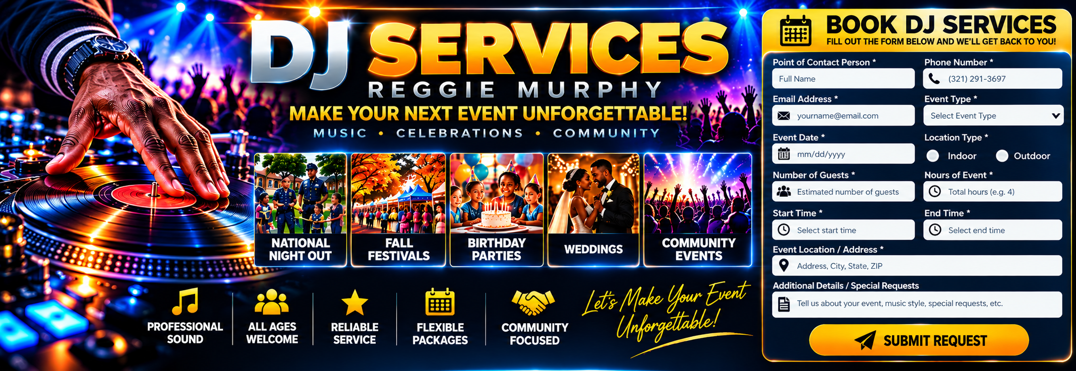 DJ Services, hand scratching vinyl and booking request illustration